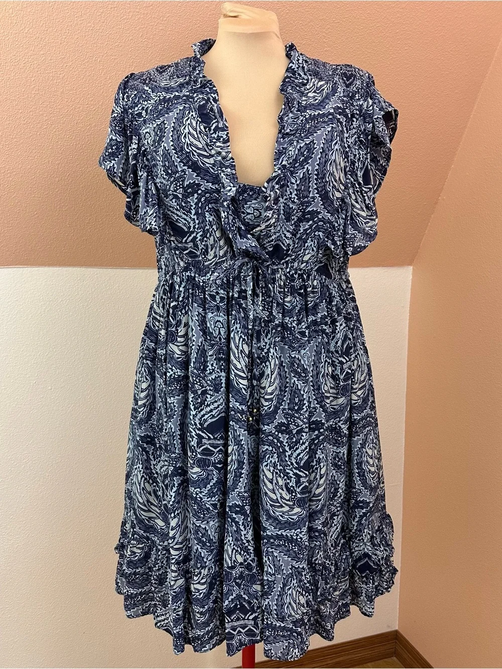 Sundance 100% Viscose Dress Womens L Blue Paisley Flutter Sleeve Empire Waist